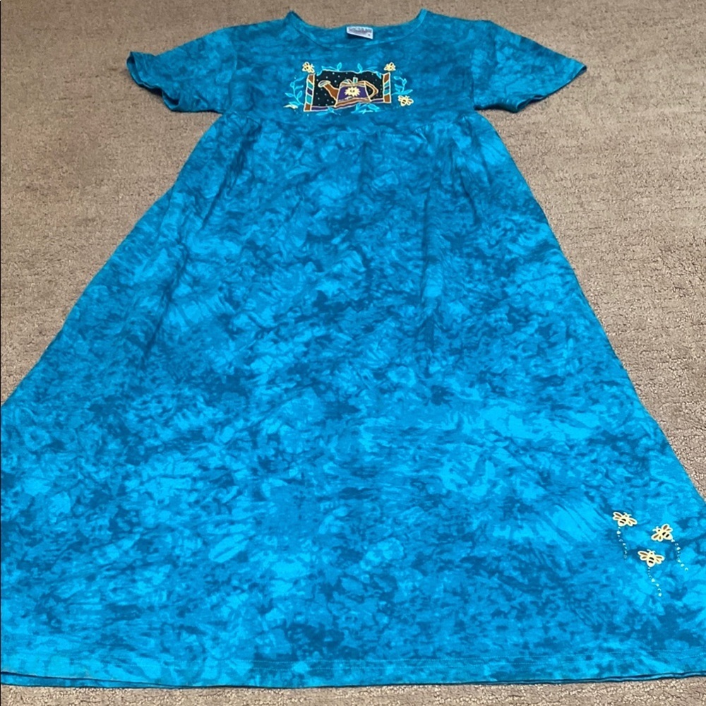 Vintage Teal Midi Embroidered Dress Spring Gardening Theme Summer Fall
